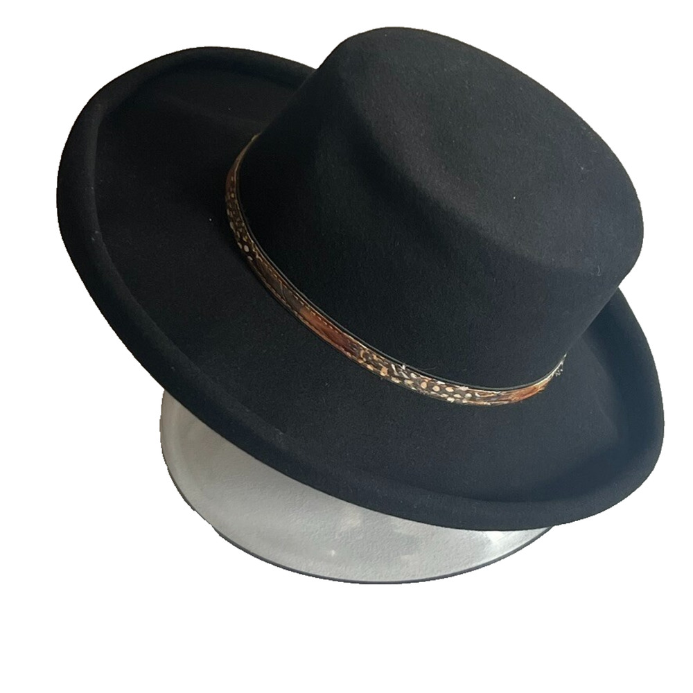 IMPORTINA Dollman Hat Womens Black Roll Up Edge Wool Leather Feathers Trim Vtg